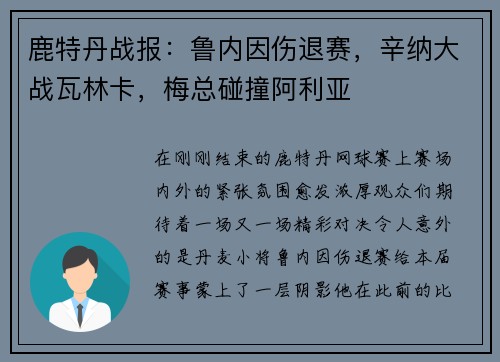 鹿特丹战报：鲁内因伤退赛，辛纳大战瓦林卡，梅总碰撞阿利亚